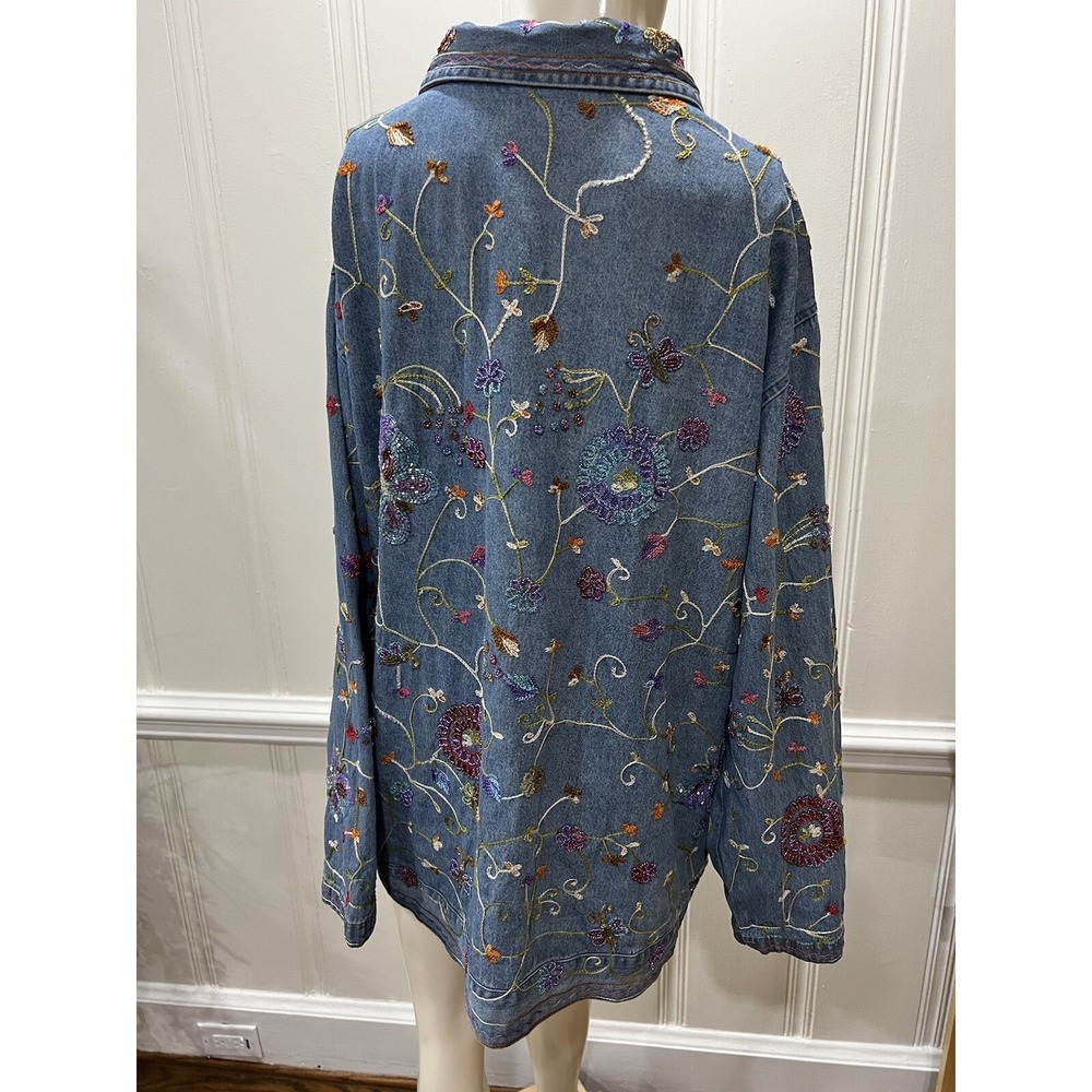 QUACKER FACTORY  Cotton Beaded Denim Jean Jacket Butterflies Embroidered Size 1X - Picture 3 of 16
